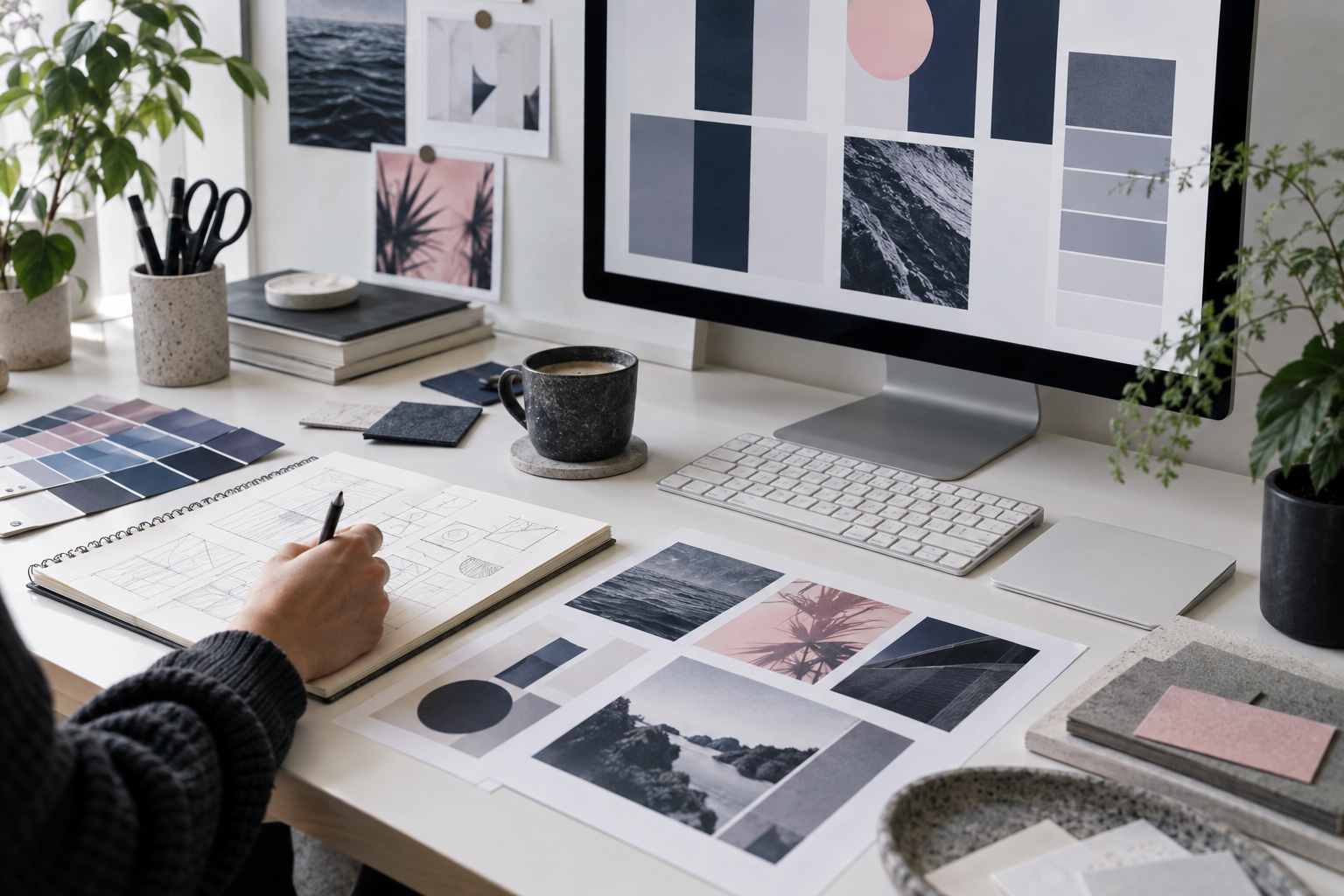 Graphic designer workspace with layout studies, color swatches, and a monitor showing abstract design studies