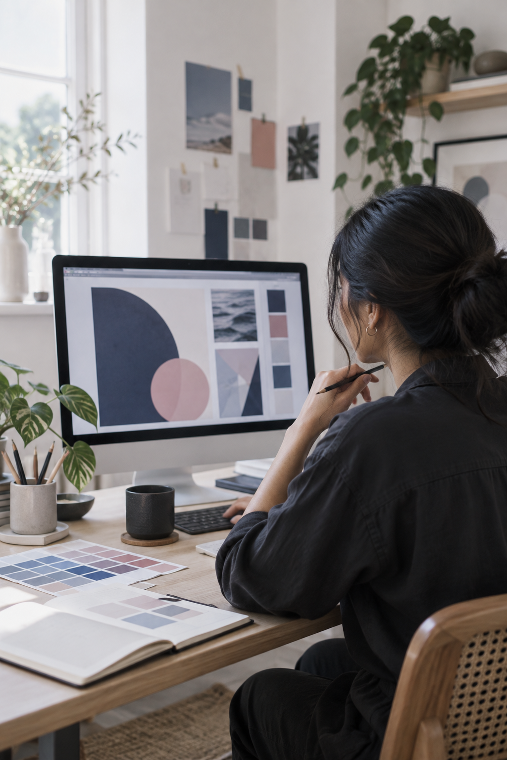 Editorial portrait-style image of a graphic designer working in a home studio