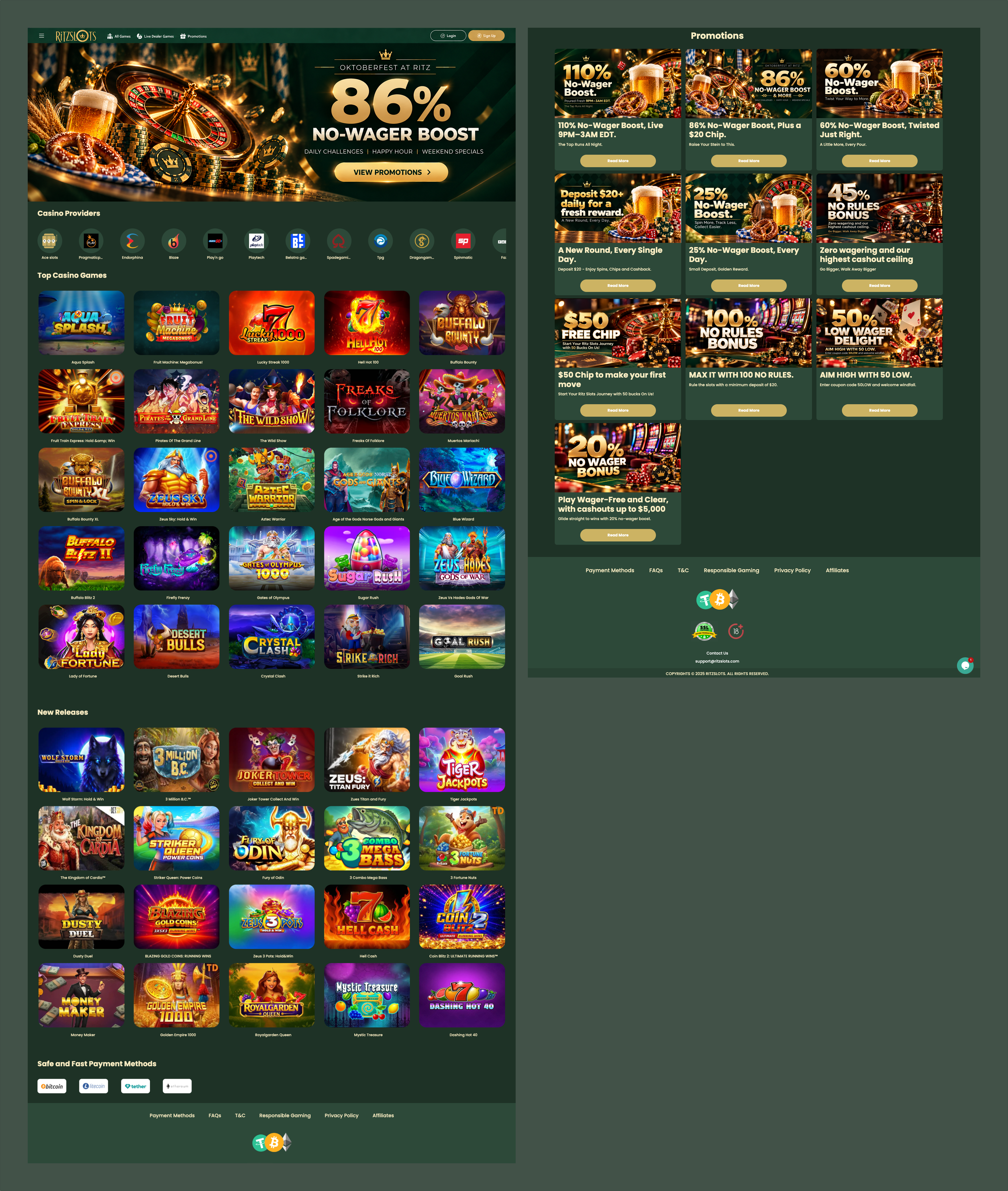RitzSlots casino homepage and promotions mockup