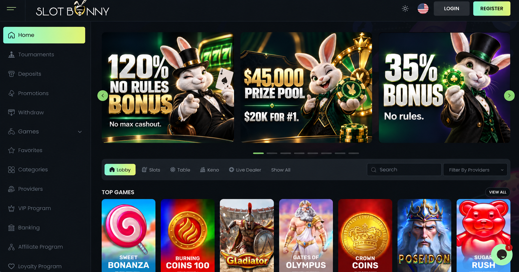 SlotBunny casino lobby and promotions mockup